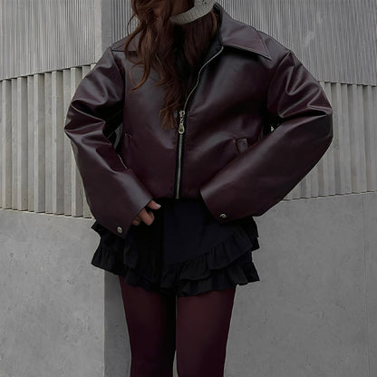 Nora - Chaqueta de cuero con cremallera y cuello amplio mujer