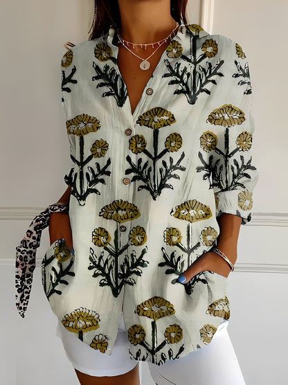 María – Blusa elegante de lino con estampado floral para mujer