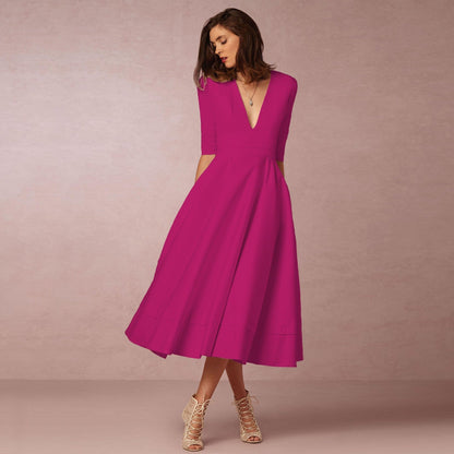 Isabella - Vestido midi de mujer con escote en V y mangas cortas
