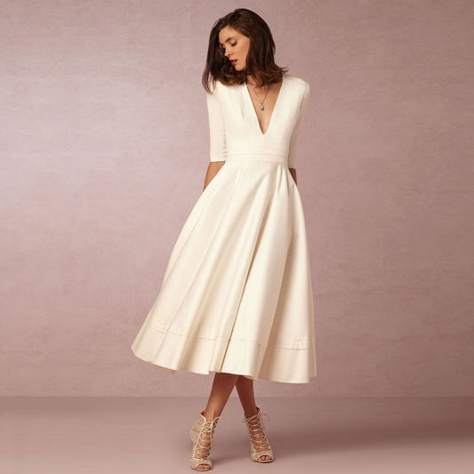 Isabella - Vestido midi de mujer con escote en V y mangas cortas