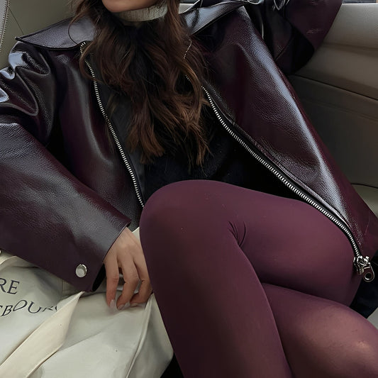 Nora - Chaqueta de cuero con cremallera y cuello amplio mujer