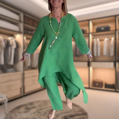Elena - Conjunto de mujer con blusa larga asimétrica y pantalón ancho