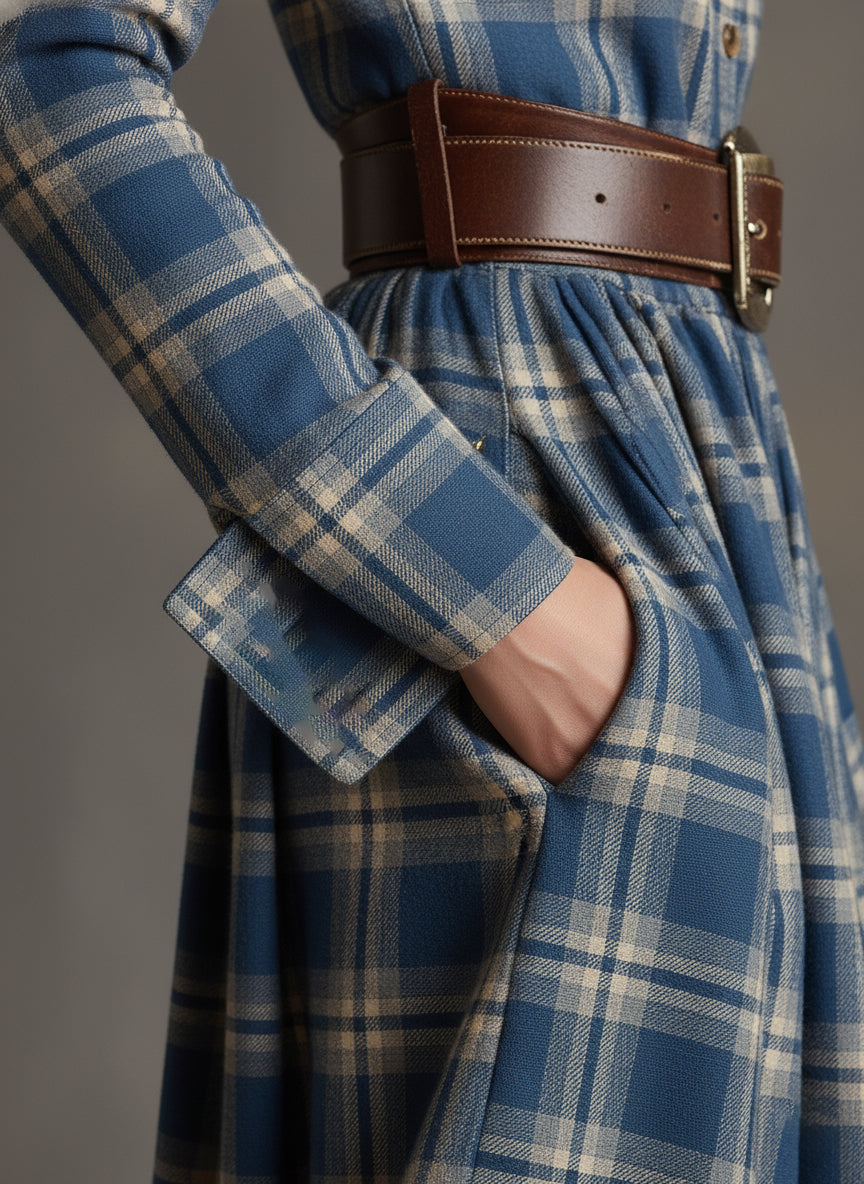 Helena – Vestido largo camisero con estampado de cuadros