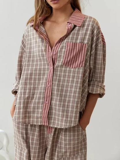 Claudia – Conjunto Casual de Camisa y Pantalón de Cuadros para Mujer