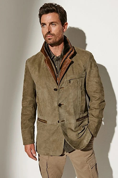 Álvaro - Chaqueta Hombre de Ante Verde con Detalles en Piel