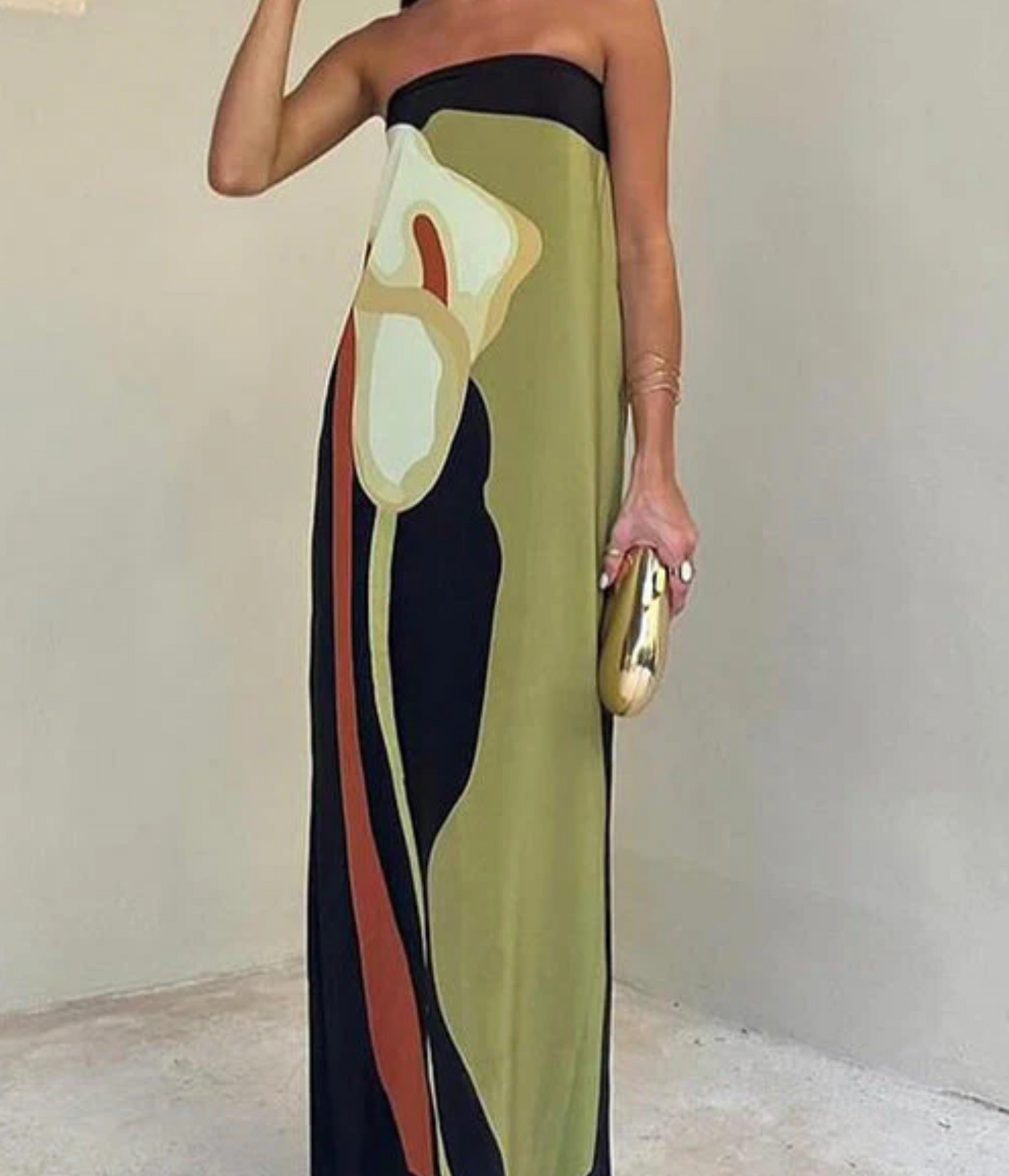 Aveline – Vestido largo sin tirantes con estampado floral artístico
