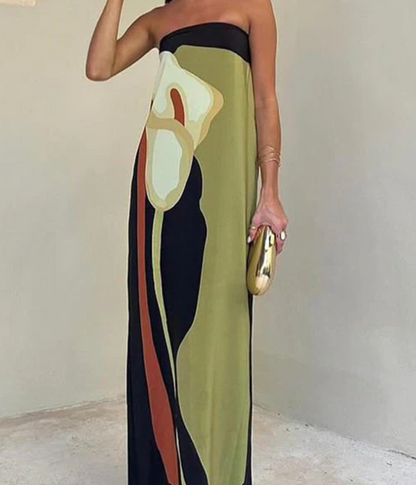 Aveline – Vestido largo sin tirantes con estampado floral artístico