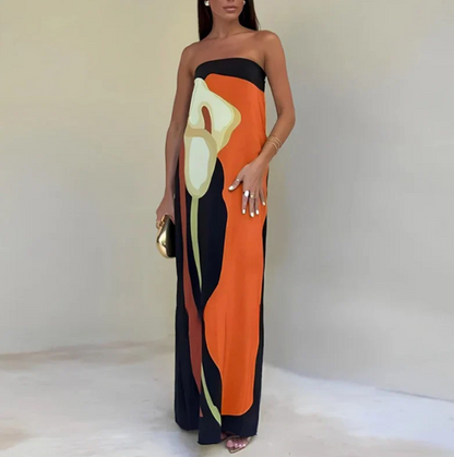 Aveline – Vestido largo sin tirantes con estampado floral artístico