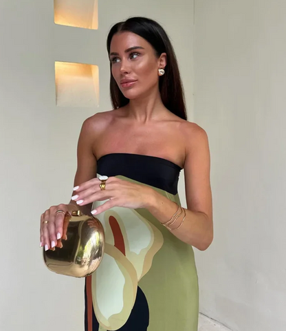 Aveline – Vestido largo sin tirantes con estampado floral artístico
