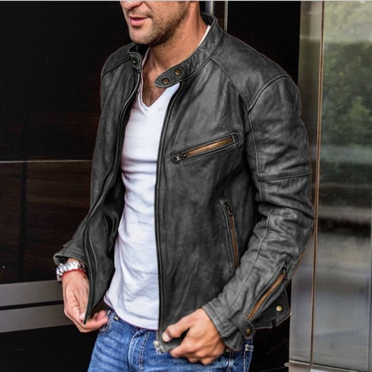 Álvaro - Chaqueta de cuero estilo biker con cremalleras hombre