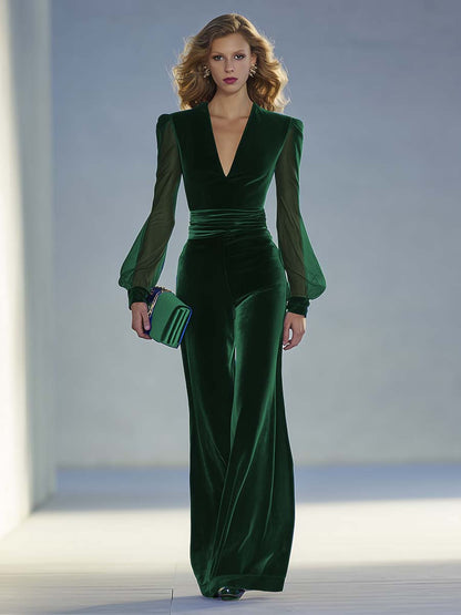 Elena – Mono largo elegante con escote en V y mangas largas