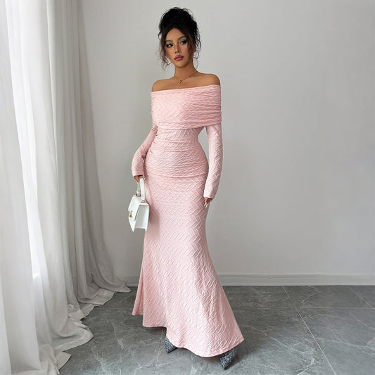 Camila – Vestido largo palabra de honor con mangas largas para mujer