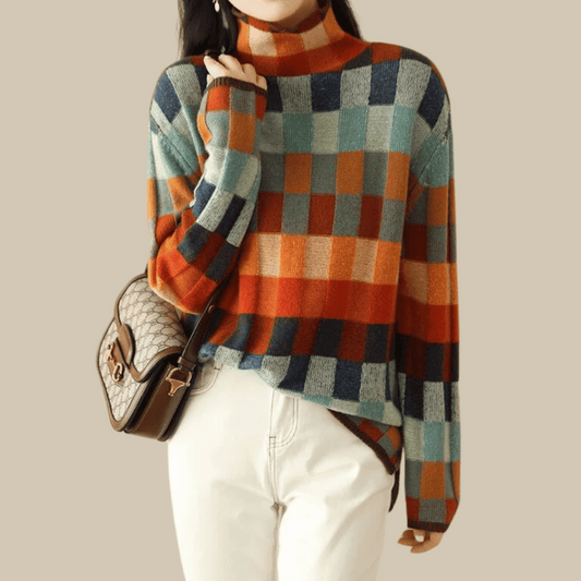 Camila - Suéter cashmere de cuadros cuello alto mujer