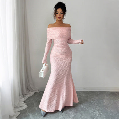 Camila – Vestido largo palabra de honor con mangas largas para mujer