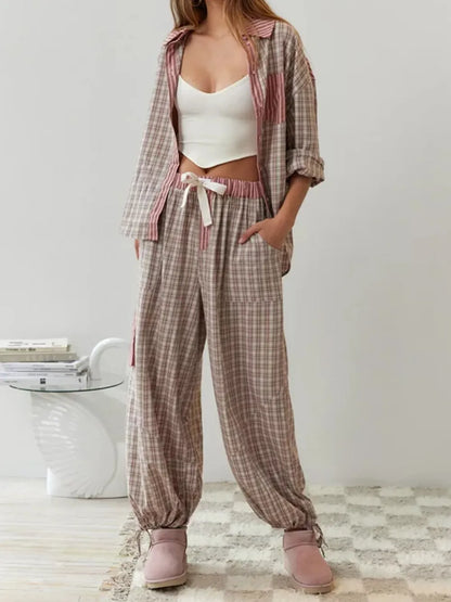 Claudia – Conjunto Casual de Camisa y Pantalón de Cuadros para Mujer