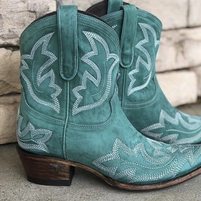 Sierra – Botines vaqueros turquesa con bordado artesanal
