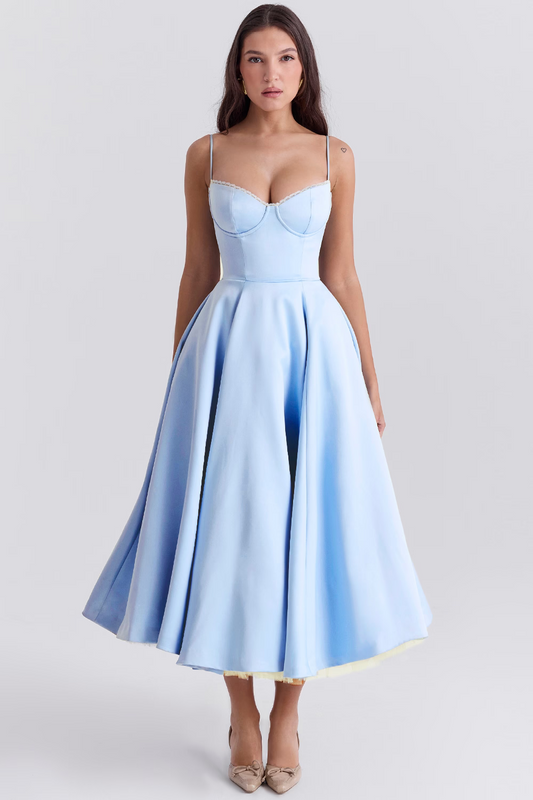 Claudia – Vestido Midi con Corset y Falda Evasé para Mujer