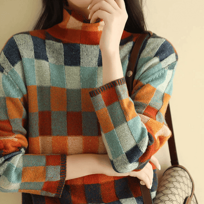 Camila - Suéter cashmere de cuadros cuello alto mujer