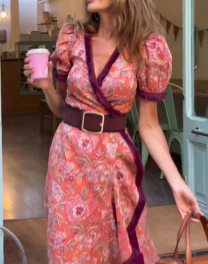 Violeta – Vestido cruzado midi con mangas abullonadas