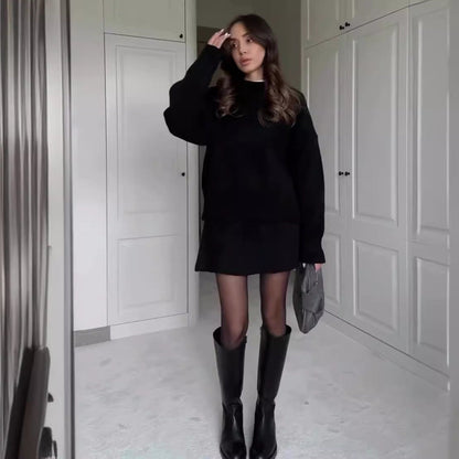 Sophia - Conjunto de suéter oversize y minifalda negra mujer