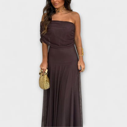 Isadora - Vestido largo de mujer con hombros descubiertos y falda