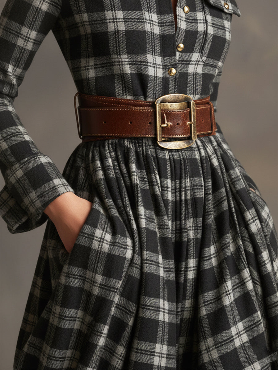 Helena – Vestido largo camisero con estampado de cuadros