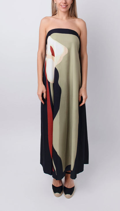 Aveline – Vestido largo sin tirantes con estampado floral artístico