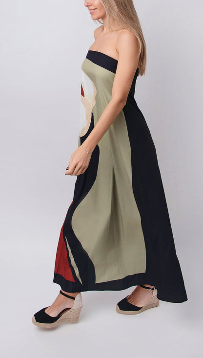 Aveline – Vestido largo sin tirantes con estampado floral artístico