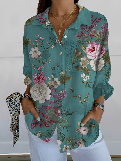 María – Blusa elegante de lino con estampado floral para mujer