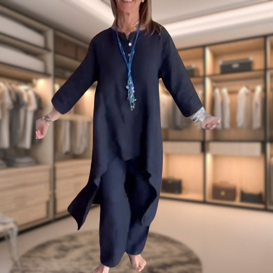 Elena - Conjunto de mujer con blusa larga asimétrica y pantalón ancho