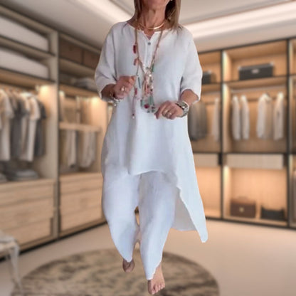 Elena - Conjunto de mujer con blusa larga asimétrica y pantalón ancho