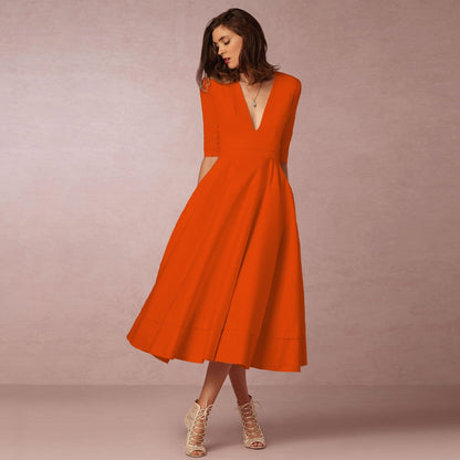 Isabella - Vestido midi de mujer con escote en V y mangas cortas