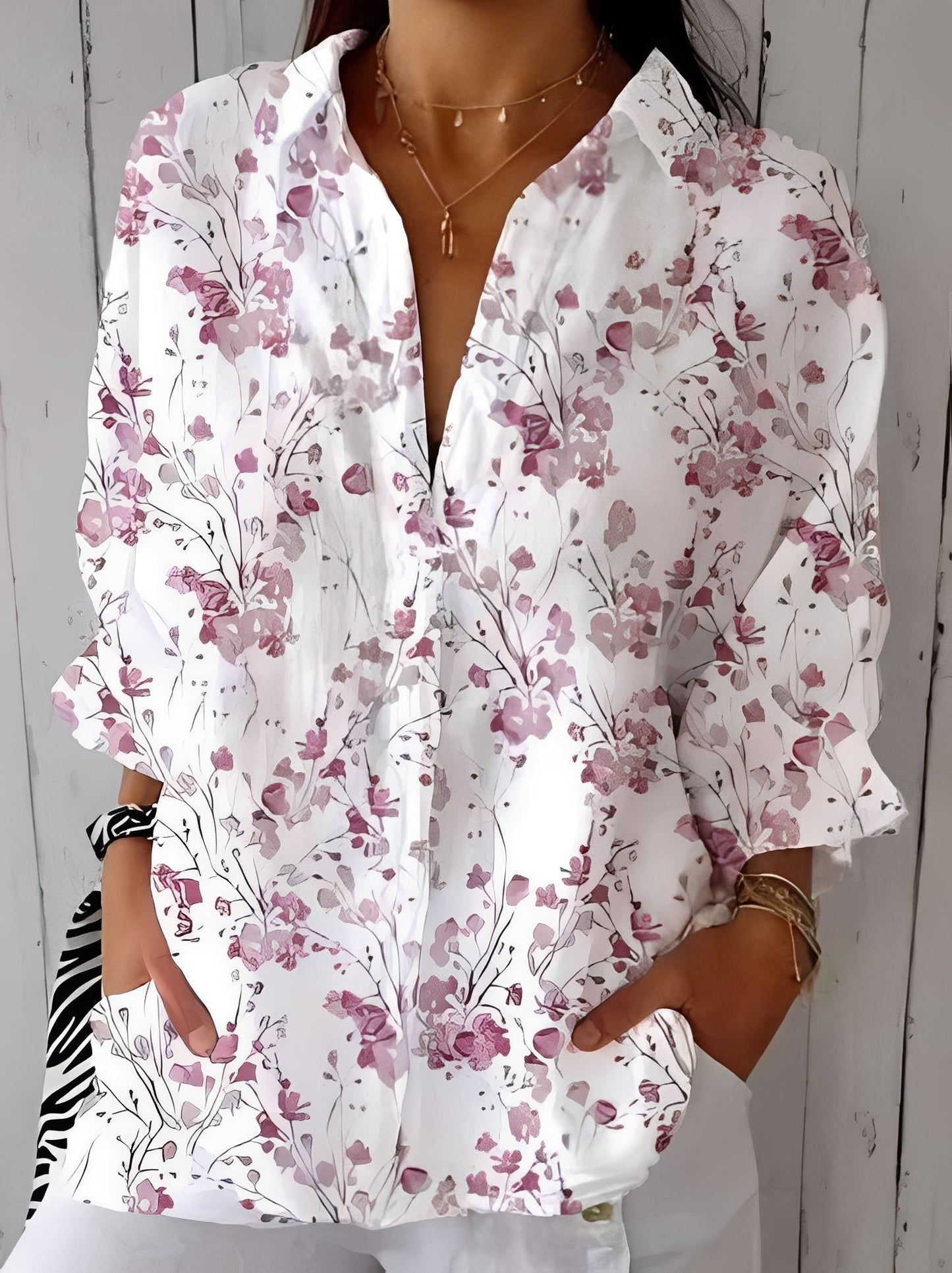 María – Blusa elegante de lino con estampado floral para mujer
