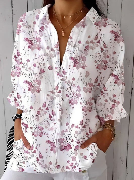 María – Blusa elegante de lino con estampado floral para mujer