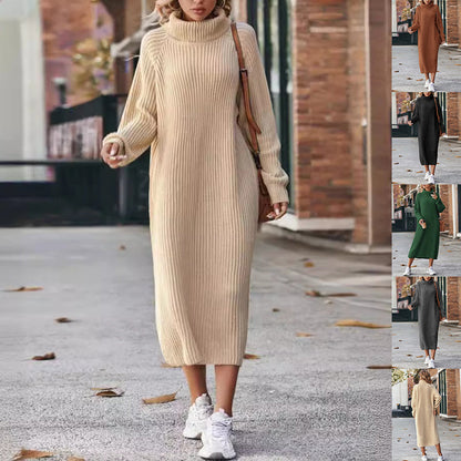 Clara - Vestido largo de punto marrón con cuello alto mujer