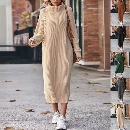 Clara - Vestido largo de punto marrón con cuello alto mujer