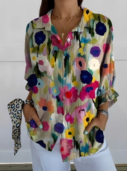 María – Blusa elegante de lino con estampado floral para mujer