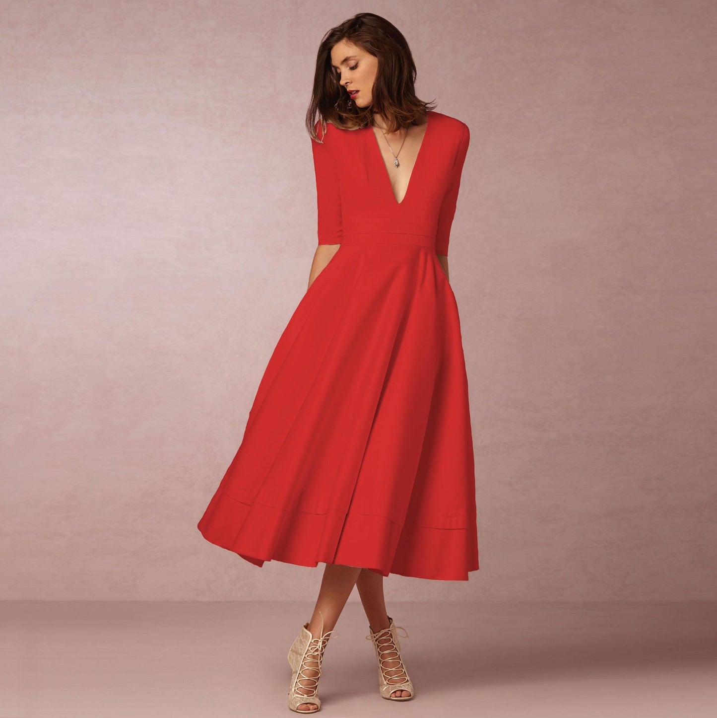 Isabella - Vestido midi de mujer con escote en V y mangas cortas