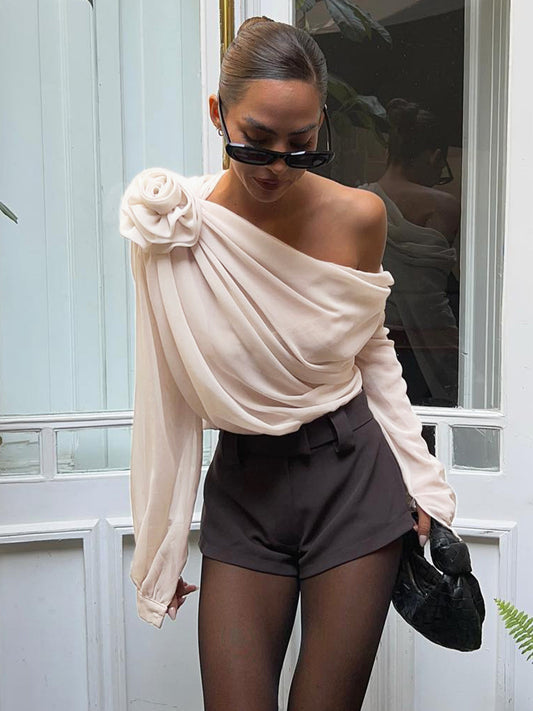 Carla – Gasa Semitransparente Un Hombro Asimétrica Blusa