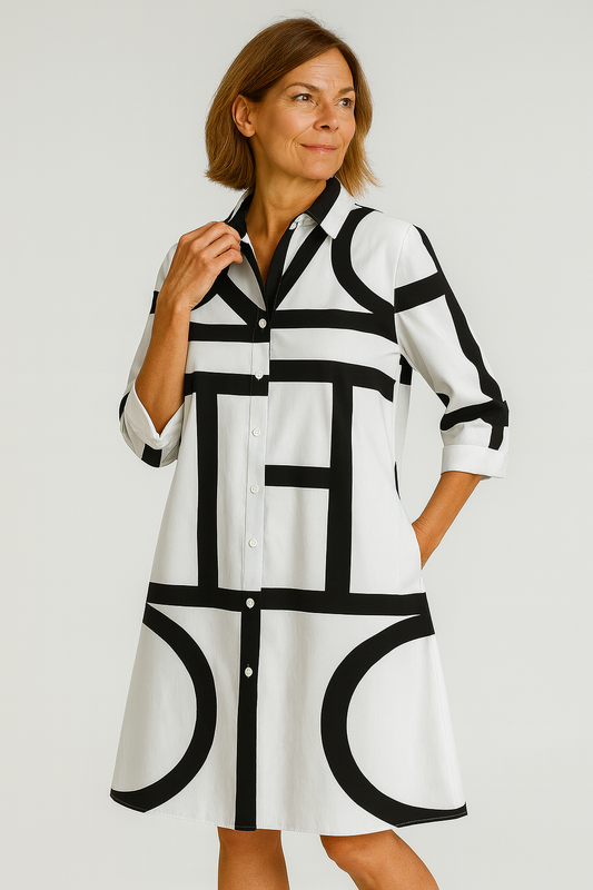 Clara - Vestido camisero femenino con estampado geométrico