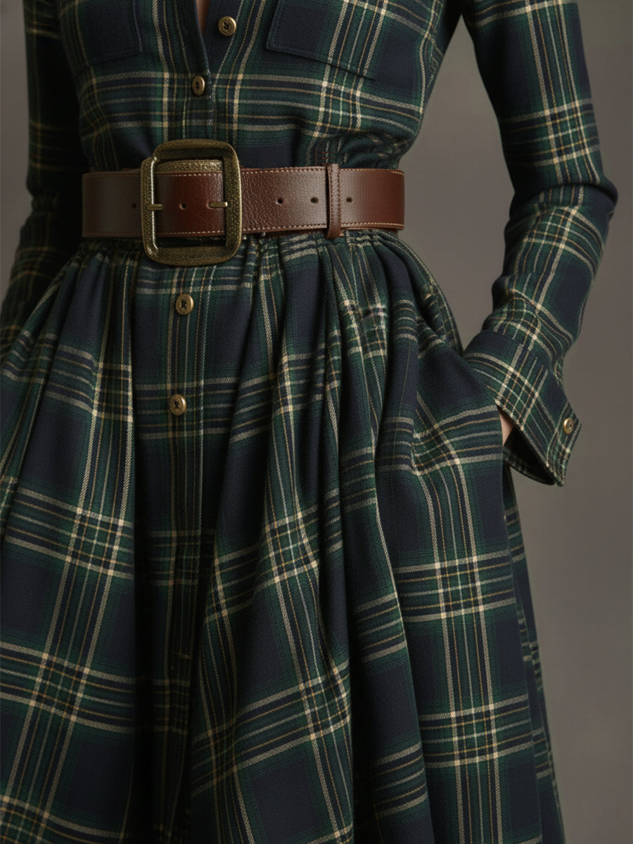 Helena – Vestido largo camisero con estampado de cuadros