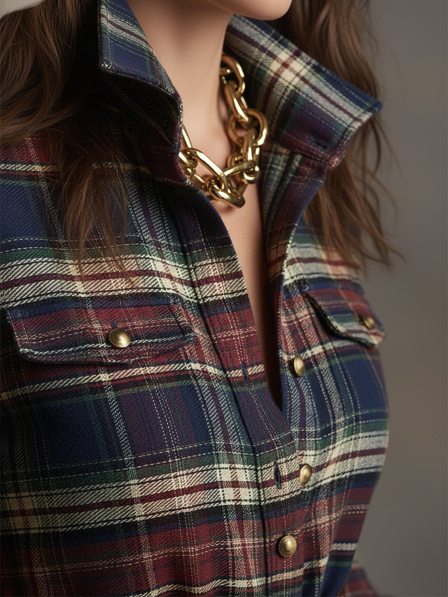 Helena – Vestido largo camisero con estampado de cuadros