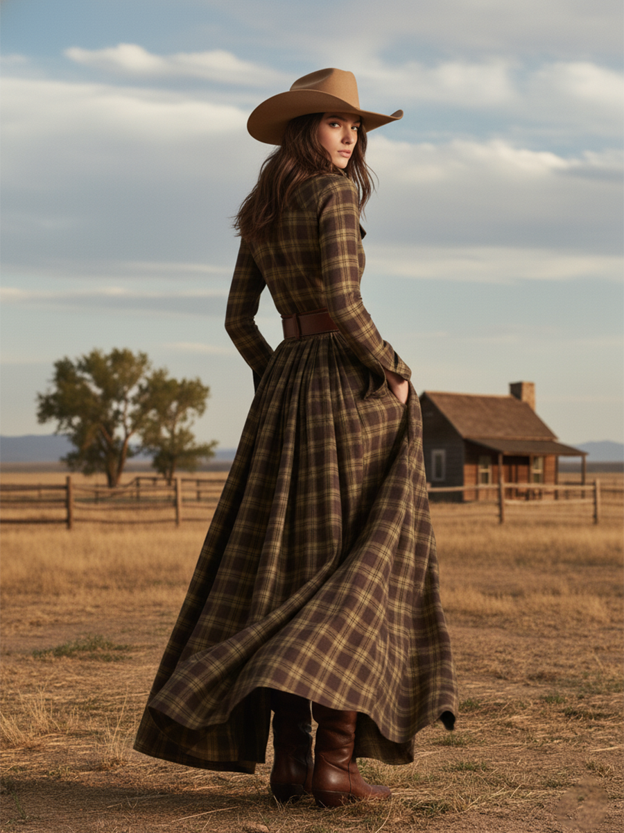 Helena – Vestido largo camisero con estampado de cuadros