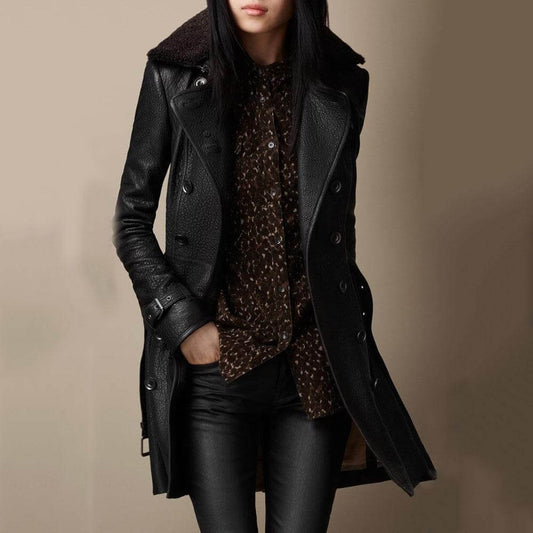 Isabelle - Chaqueta larga de mujer estilo trench en piel con solapa amplia