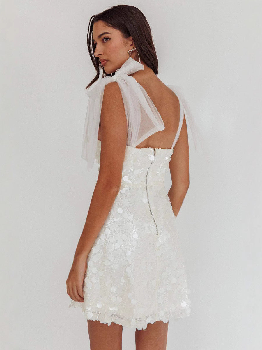 Valentina - Vestido Corto Mujer Con Lentejuelas Y Lazos De Tul