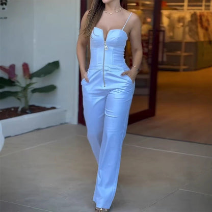 Valentina – Mono blanco con cremallera y escote corazón