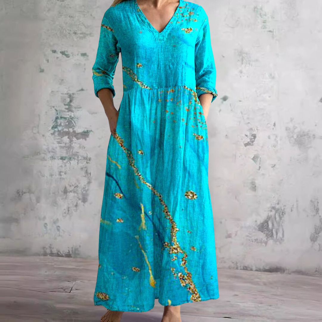 Clara – Vestido Lino largo fluido con estampado floral