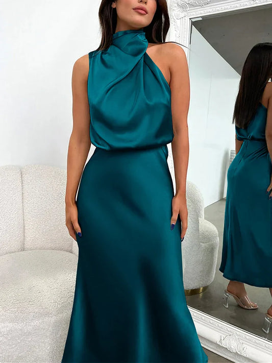 Isidora - Vestido satinado sin mangas con cuello drapeado mujer