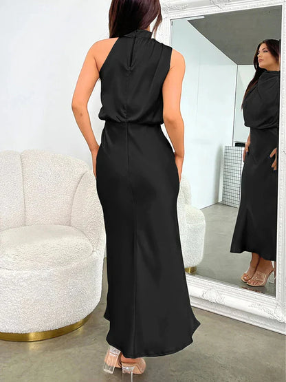 Isidora - Vestido satinado sin mangas con cuello drapeado mujer