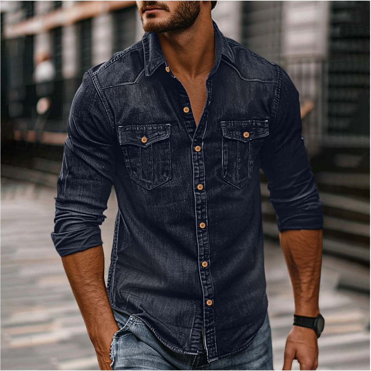 Raúl – Camisa denim casual de manga larga para hombre